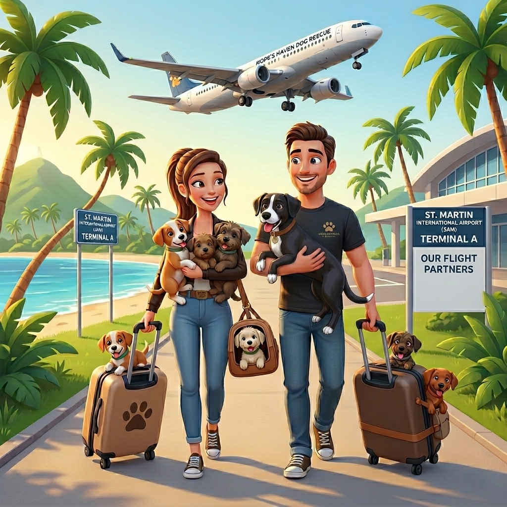 Two Hope's Haven volunteers at St. Martin airport with rescue dogs in carriers, in front of a Hope's Haven plane