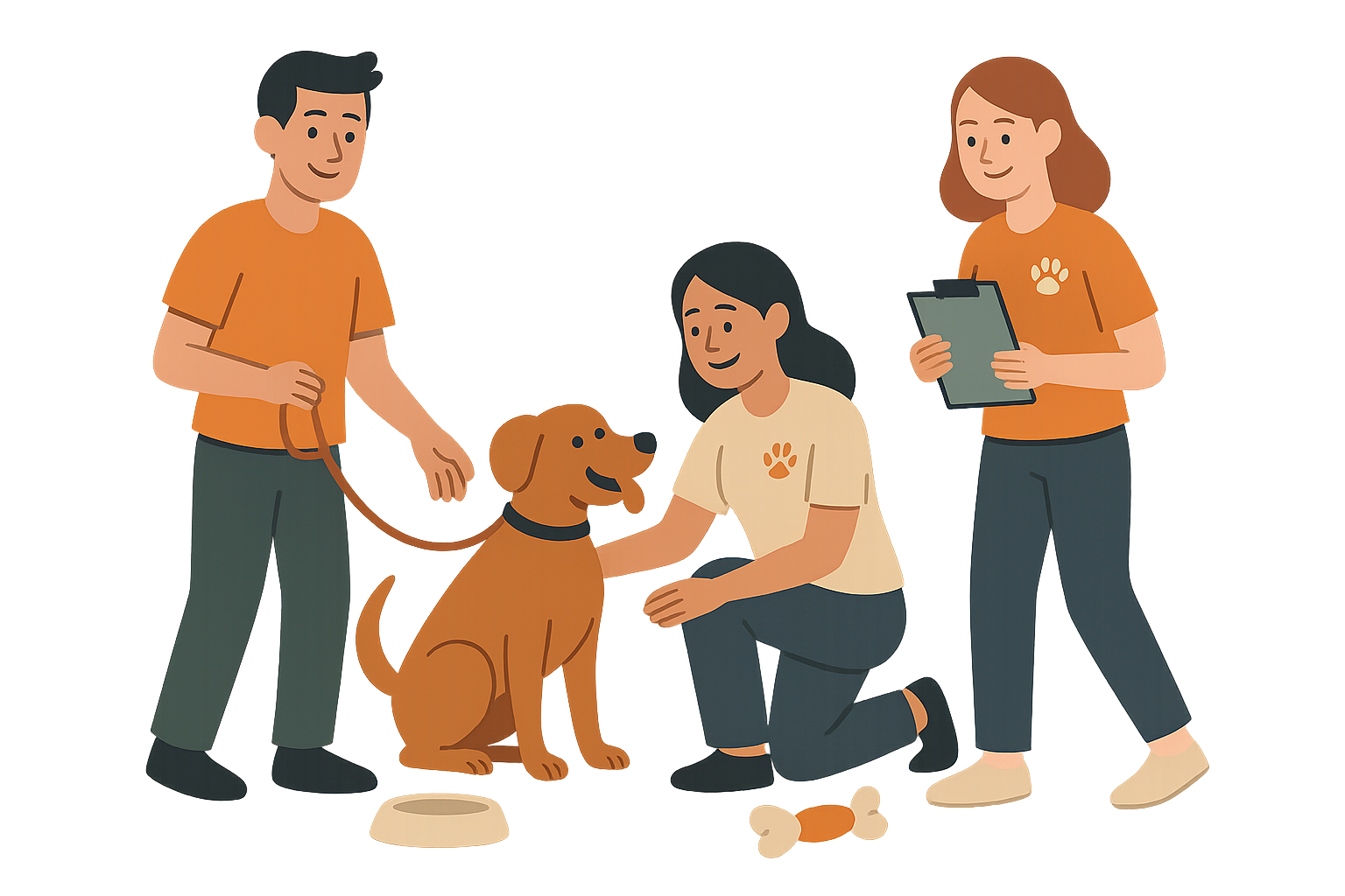 Two Hope's Haven volunteers with a happy adopted dog